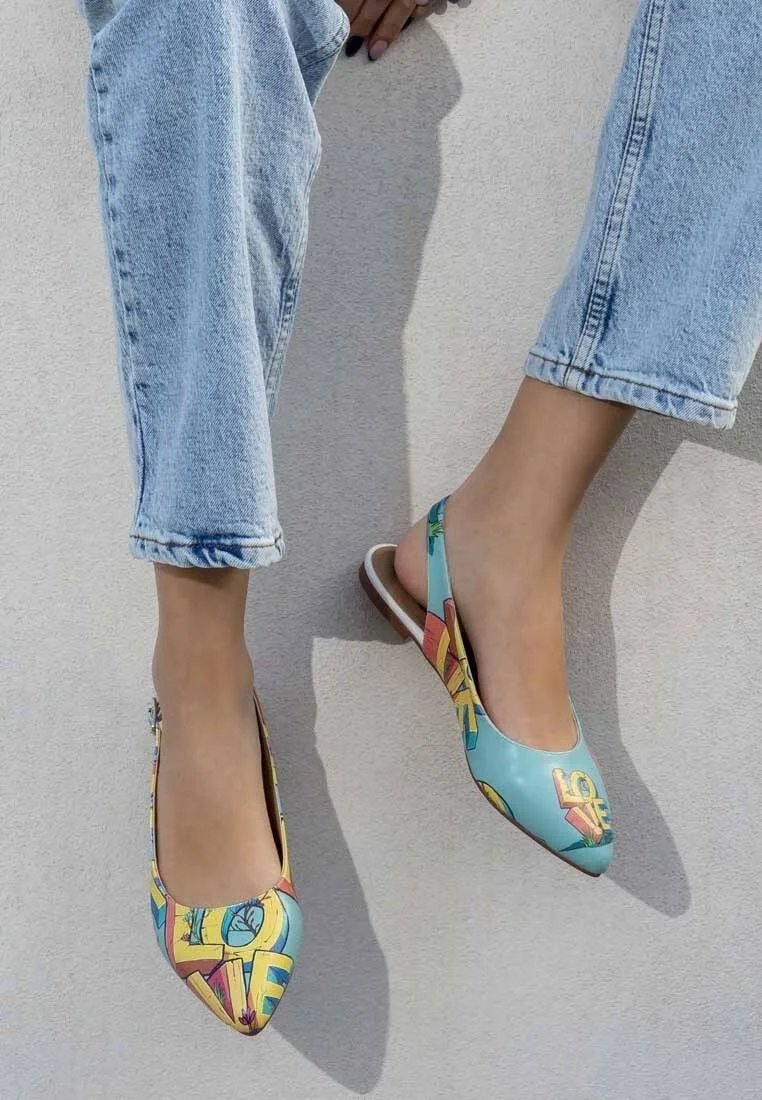 Femme Cuir Vegan Turquoise Chaussures Plates - Love Motif