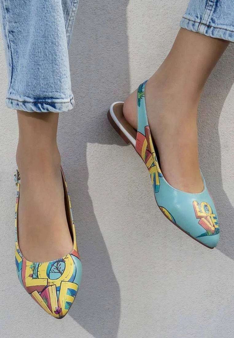 Femme Cuir Vegan Turquoise Chaussures Plates - Love Motif