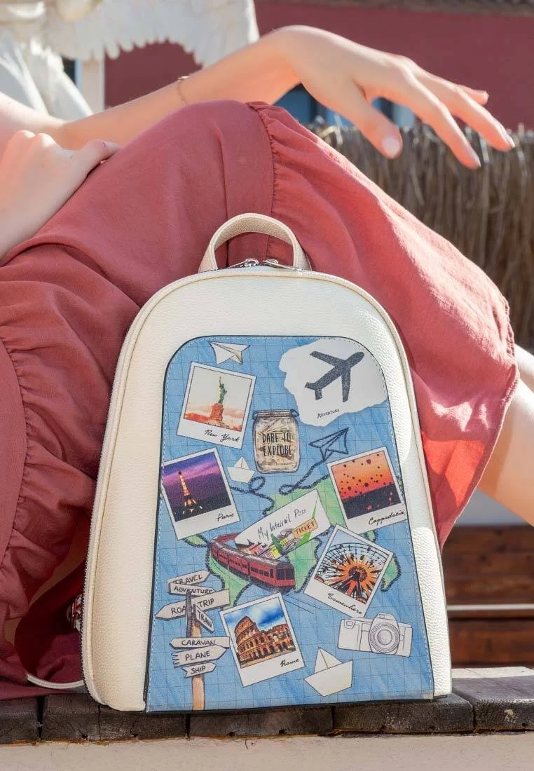 Femme Cuir Vegan Crème Sac à dos - Dare to Explore Motif