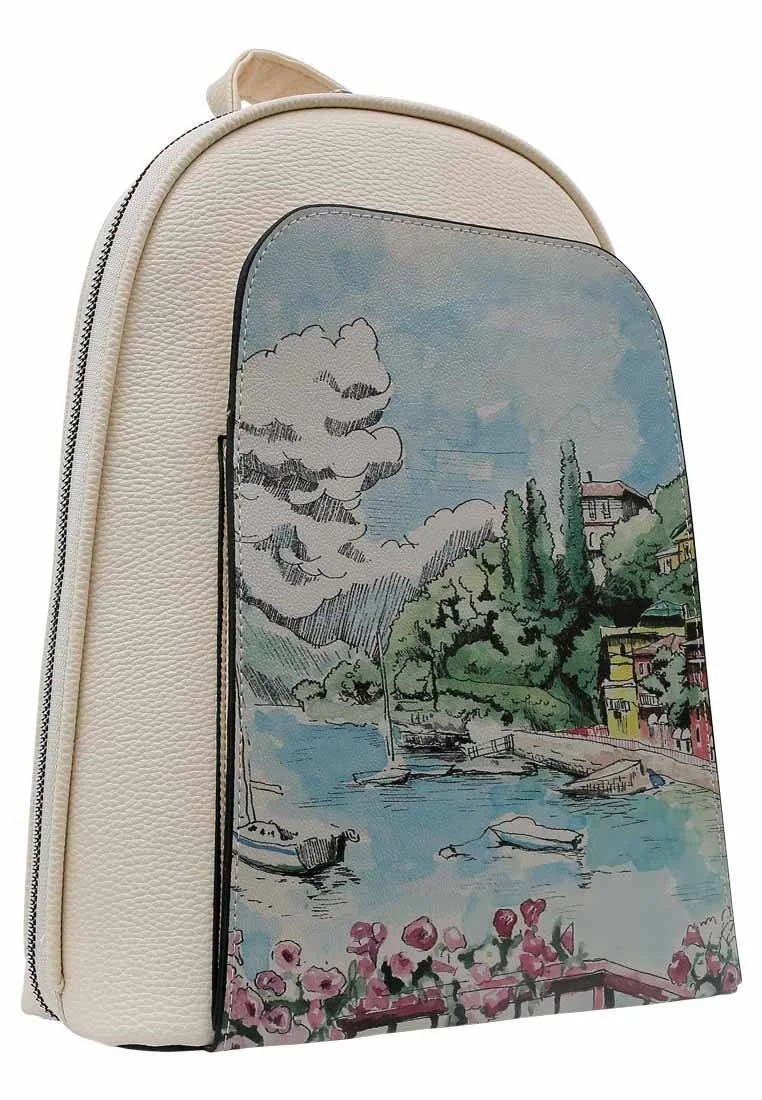 Femme Cuir Vegan Crème Sac à dos - Lago di Como Motif