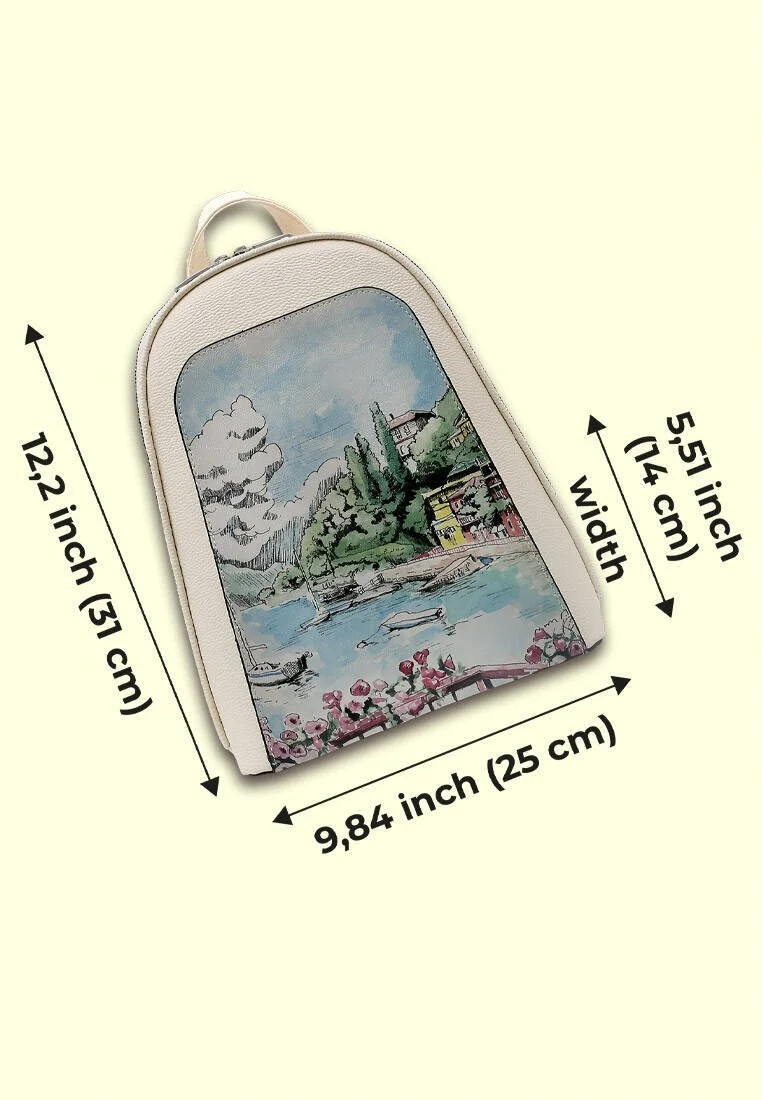 Femme Cuir Vegan Crème Sac à dos - Lago di Como Motif