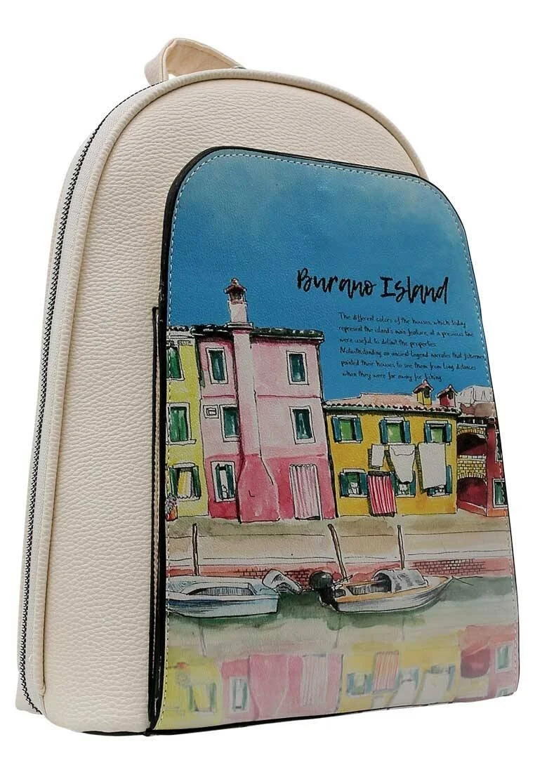 Femme Cuir Vegan Crème Sac à dos - Burano Island Motif