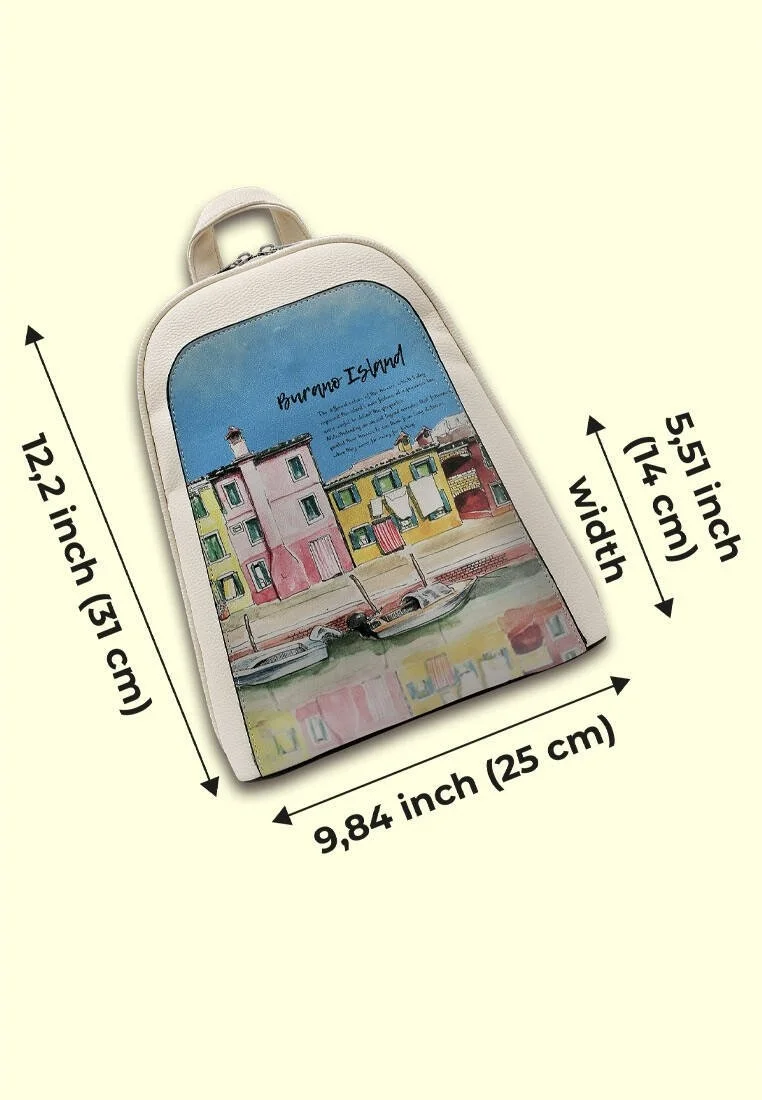 Femme Cuir Vegan Crème Sac à dos - Burano Island Motif