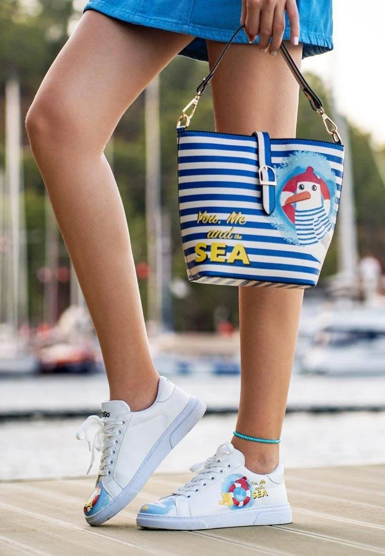 Femme Cuir Vegan Crème Sac à Main - You, Me and the Sea Motif