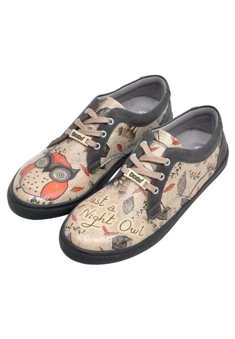 Femme Cuir Vegan Gris Baskets - Night Owl Motif