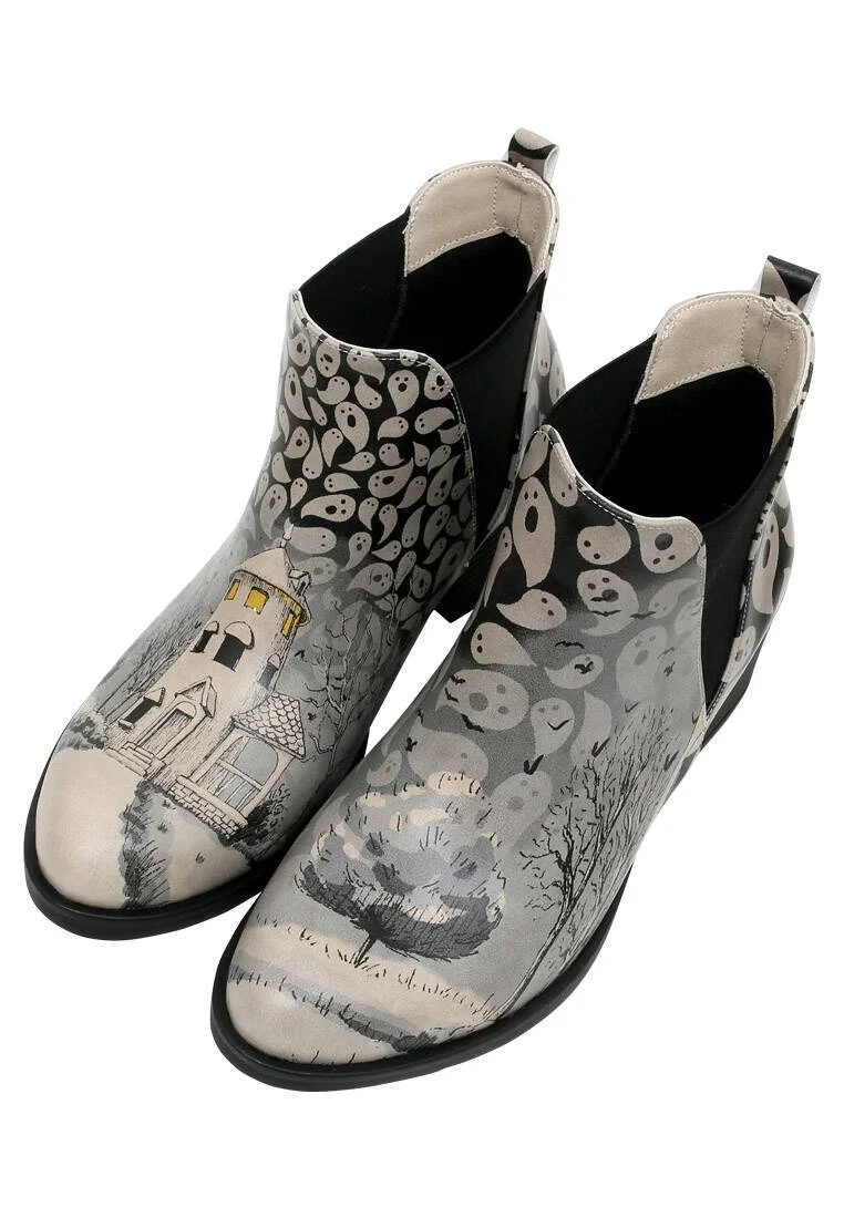 Femme Cuir Vegan Gris Booties - Spooky Town Motif