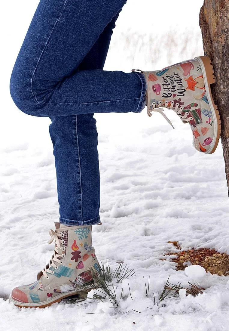 Femme Cuir Vegan Gris Bottes Longues - Bitter Sweet Winter Motif