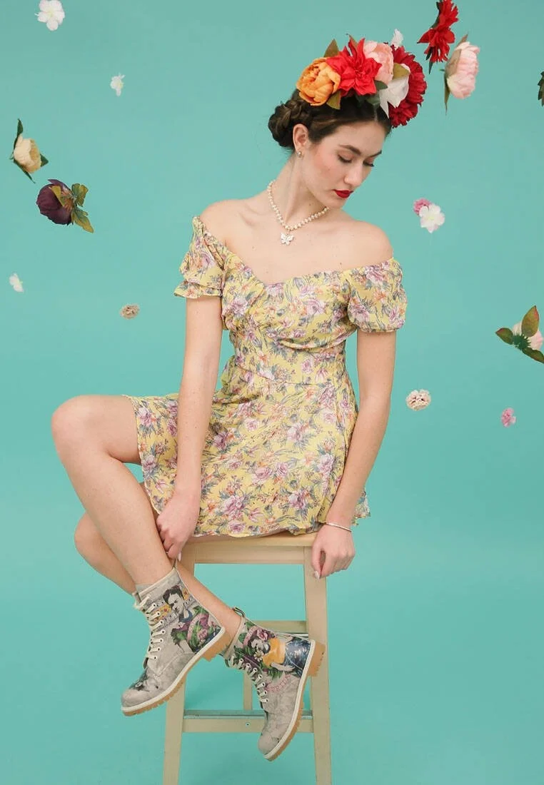 Femme Cuir Vegan Gris Bottes Longues - A Flower From The Past Frida Kahlo Motif