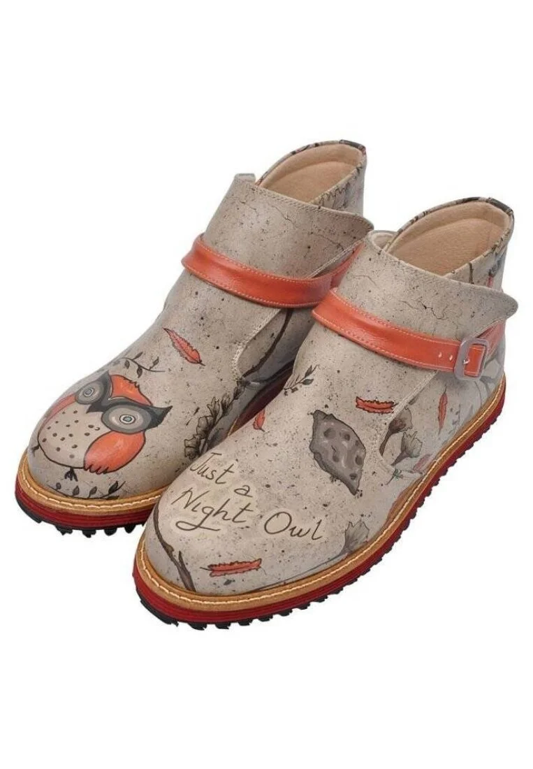 Femme Cuir Vegan Gris Bottines Chelsea - Night Owl Motif