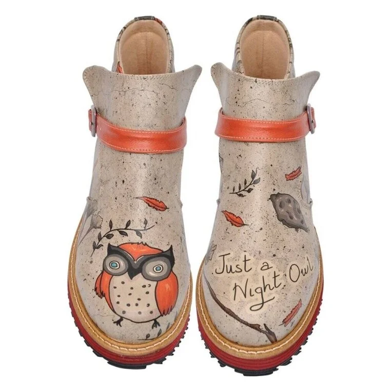 Femme Cuir Vegan Gris Bottines Chelsea - Night Owl Motif