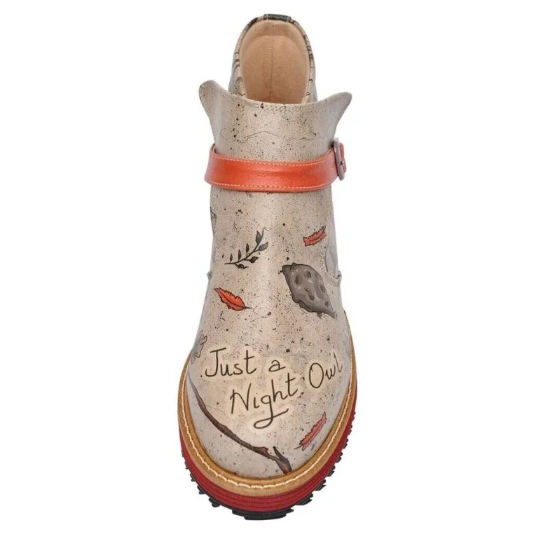 Femme Cuir Vegan Gris Bottines Chelsea - Night Owl Motif