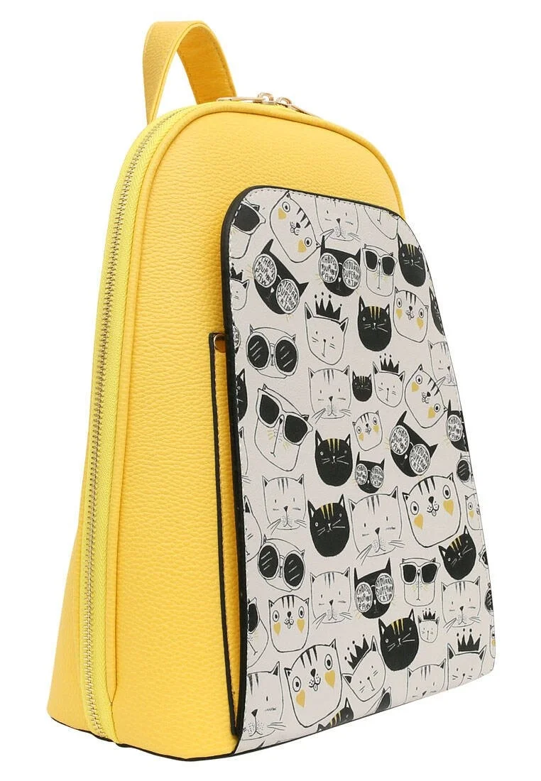 Femme Cuir Vegan Jaune Sac à dos - Monochrome Cats Motif