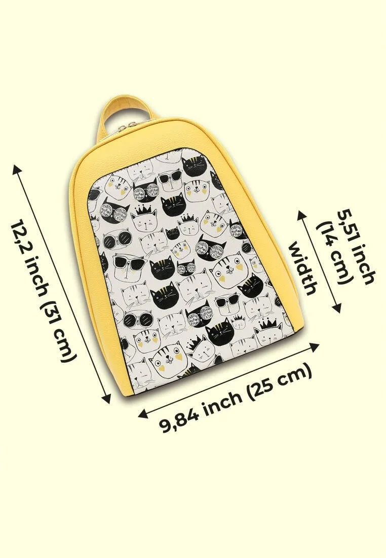 Femme Cuir Vegan Jaune Sac à dos - Monochrome Cats Motif