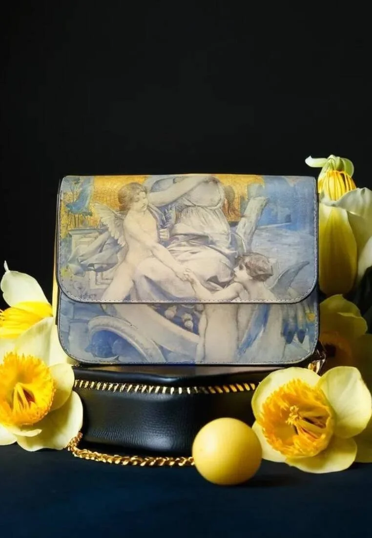 Femme Cuir Vegan Jaune Sac à Main - Amor Vincit Omnia Motif