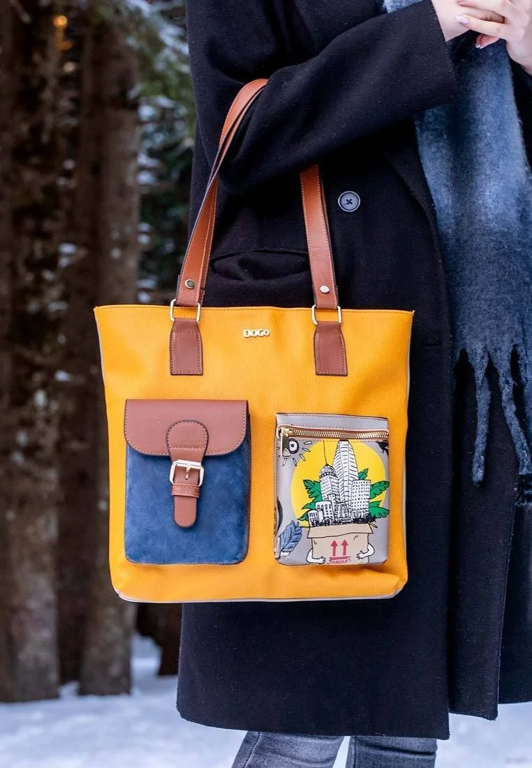 Femme Cuir Vegan Jaune Sac d'épaule - Fragile Motif