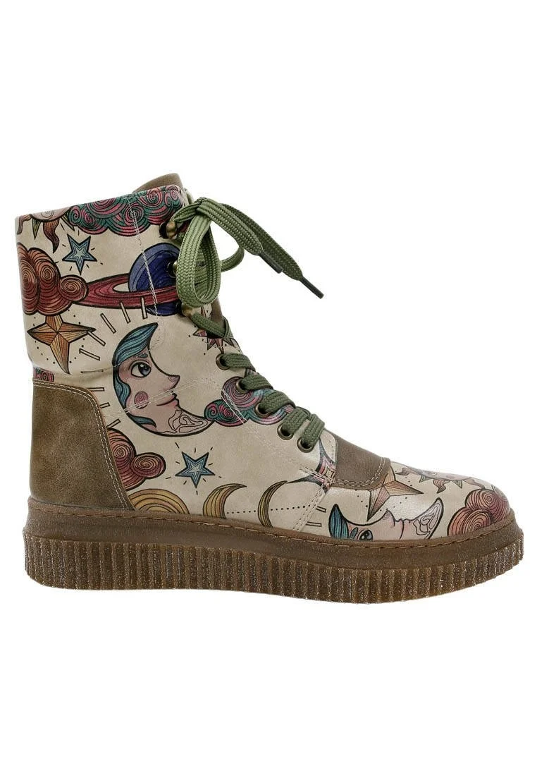 Femme Cuir Vegan Kaki Bottes Longues - Dreams For Dreamers Motif