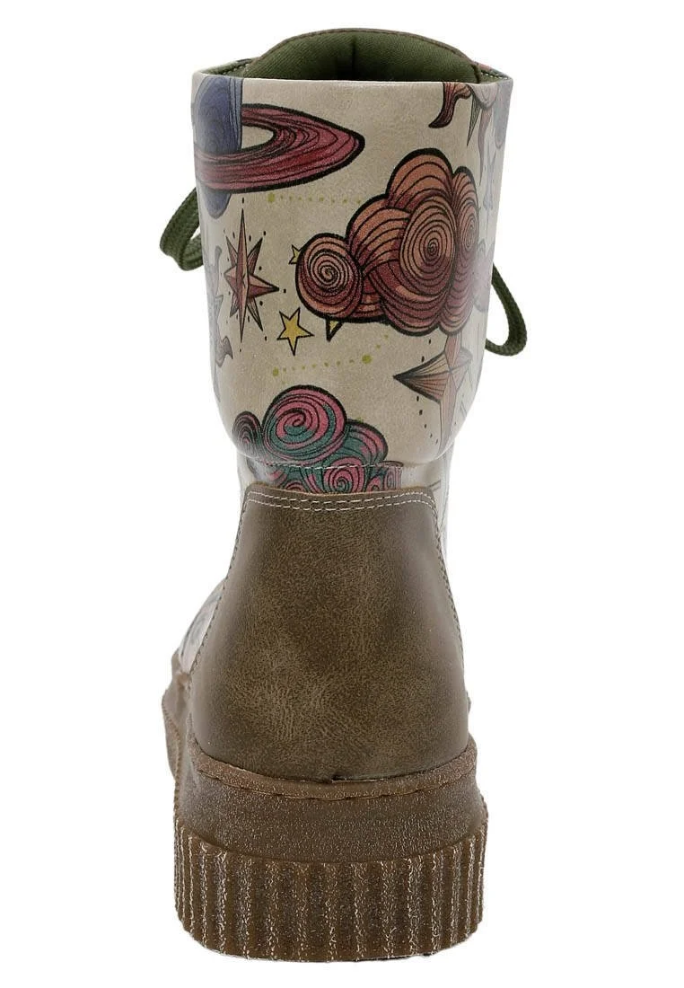 Femme Cuir Vegan Kaki Bottes Longues - Dreams For Dreamers Motif