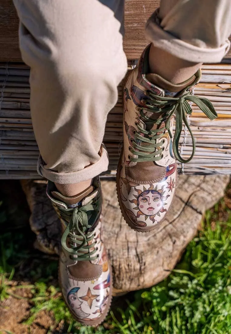 Femme Cuir Vegan Kaki Bottes Longues - Dreams For Dreamers Motif