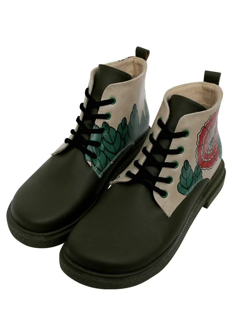 Femme Cuir Vegan Kaki Bottines - Feel, Heal, Live Motif