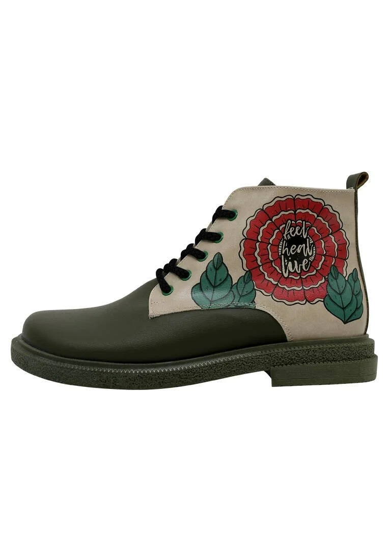 Femme Cuir Vegan Kaki Bottines - Feel, Heal, Live Motif