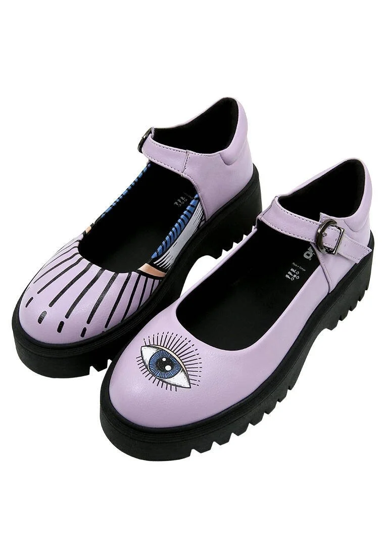 Femme Cuir Vegan Lilas Mary Jane Mocassins - Open Your Eyes Motif