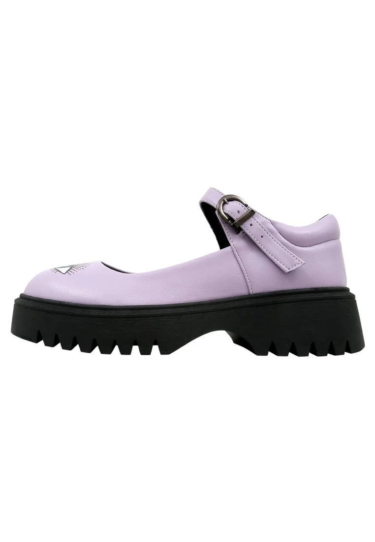 Femme Cuir Vegan Lilas Mary Jane Mocassins - Open Your Eyes Motif