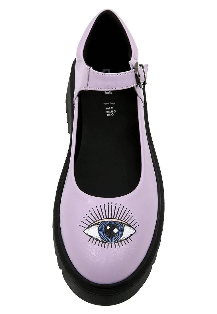 Femme Cuir Vegan Lilas Mary Jane Mocassins - Open Your Eyes Motif