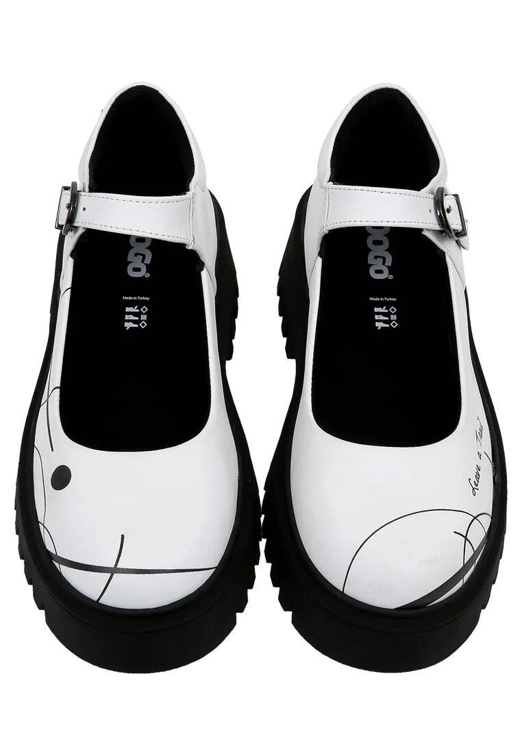 Femme Cuir Vegan Blanc Mary Jane Mocassins - Leave a Trail Motif