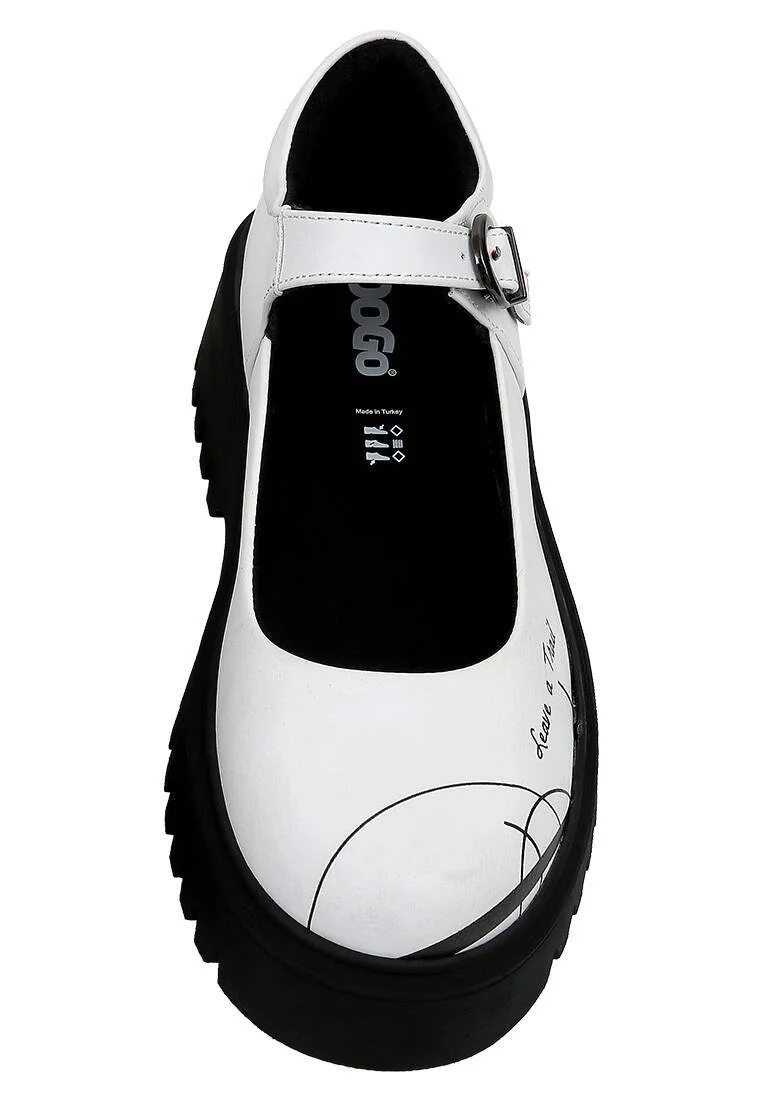 Femme Cuir Vegan Blanc Mary Jane Mocassins - Leave a Trail Motif