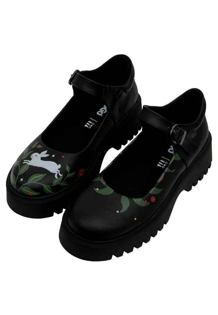 Femme Cuir Vegan Noir Mary Jane Mocassins - Bunny With Herbs Motif