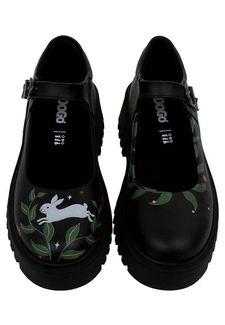 Femme Cuir Vegan Noir Mary Jane Mocassins - Bunny With Herbs Motif
