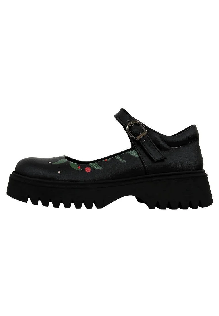 Femme Cuir Vegan Noir Mary Jane Mocassins - Bunny With Herbs Motif