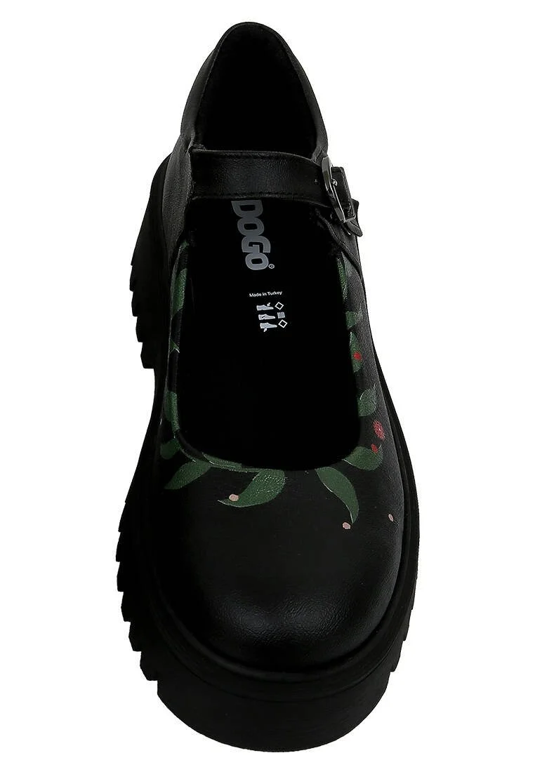 Femme Cuir Vegan Noir Mary Jane Mocassins - Bunny With Herbs Motif