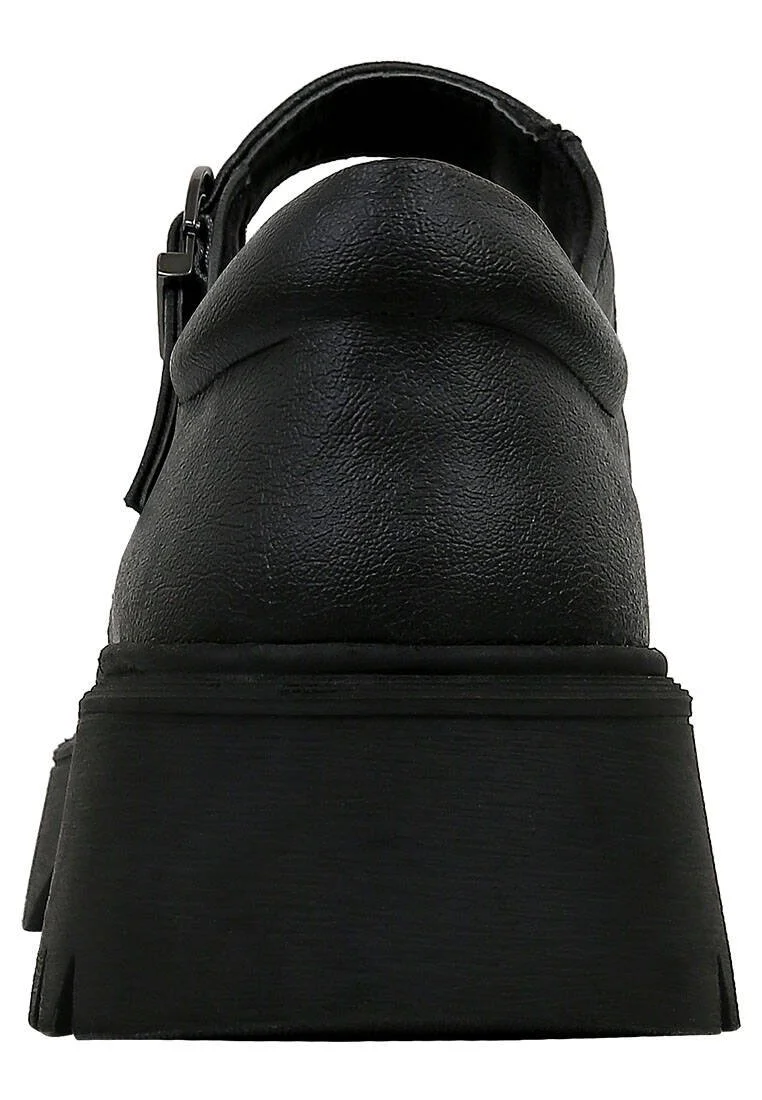 Femme Cuir Vegan Noir Mary Jane Mocassins - Passion Flower Motif