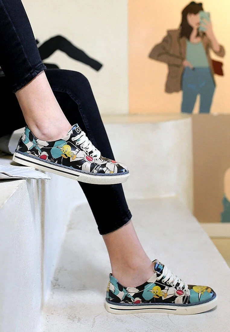 Femme Cuir Vegan Multicolore Baskets - Warner Bros Catch Me If You Can Tweety Motif
