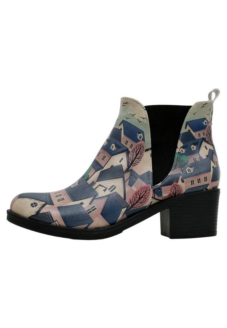 Femme Cuir Vegan Multicolore Booties - Buildings Motif