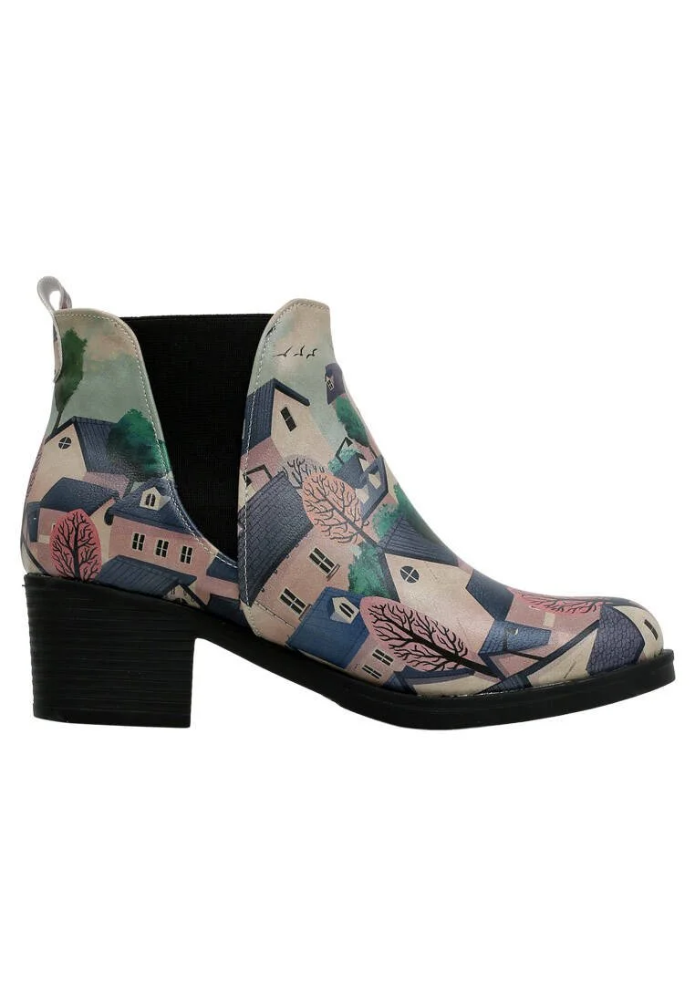 Femme Cuir Vegan Multicolore Booties - Buildings Motif