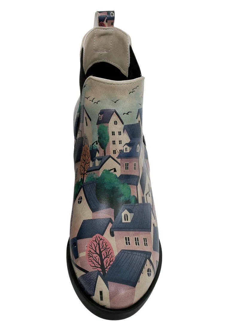 Femme Cuir Vegan Multicolore Booties - Buildings Motif