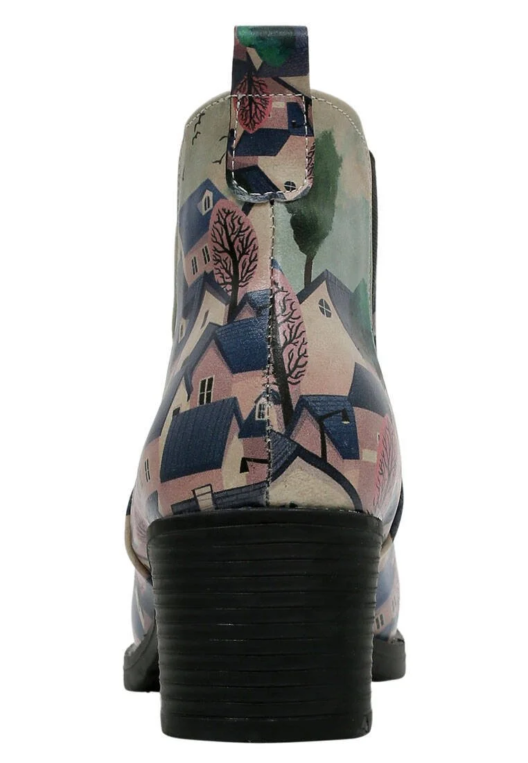 Femme Cuir Vegan Multicolore Booties - Buildings Motif