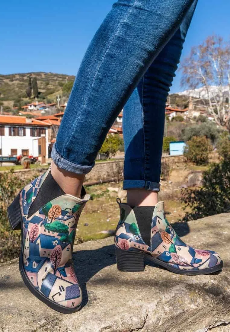 Femme Cuir Vegan Multicolore Booties - Buildings Motif
