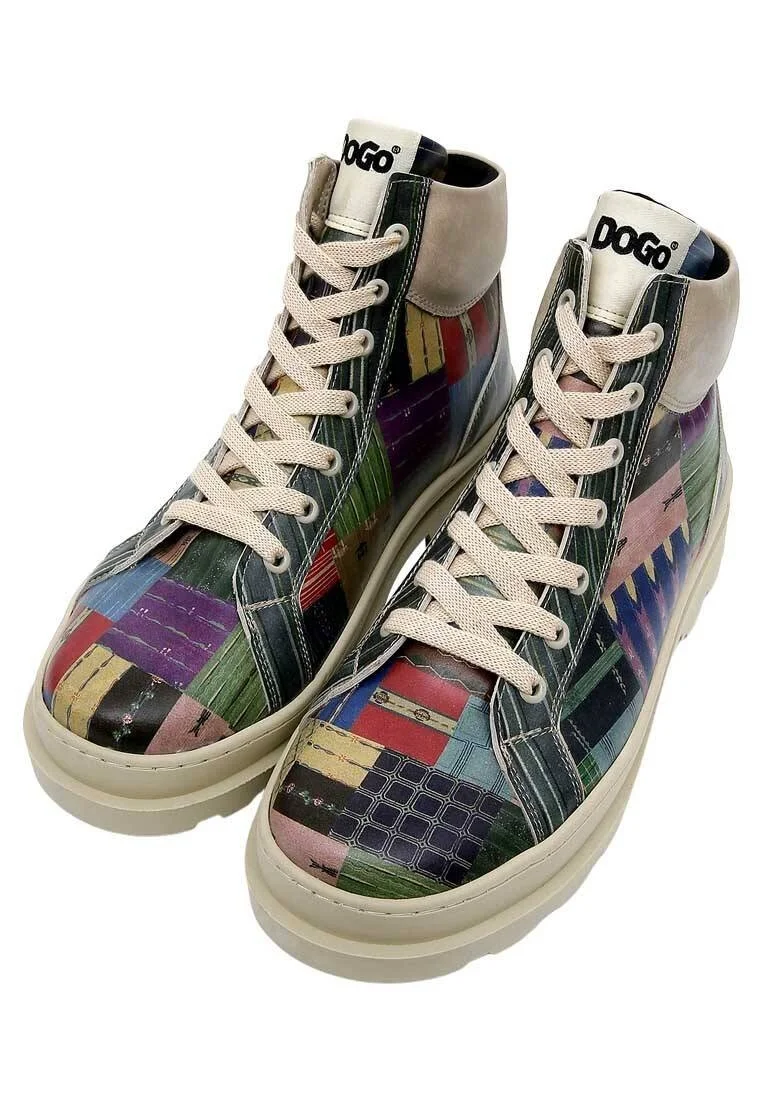 Femme Cuir Vegan Multicolore Bottines - Woodblock Patchwork Motif