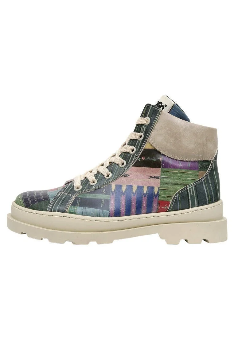 Femme Cuir Vegan Multicolore Bottines - Woodblock Patchwork Motif