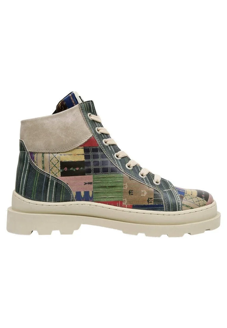 Femme Cuir Vegan Multicolore Bottines - Woodblock Patchwork Motif