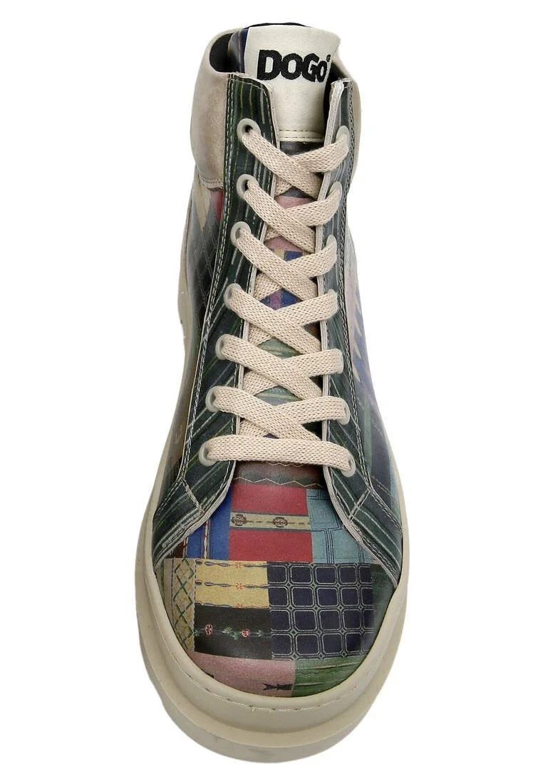 Femme Cuir Vegan Multicolore Bottines - Woodblock Patchwork Motif