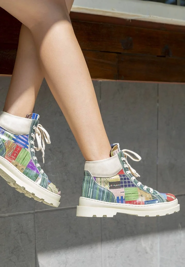 Femme Cuir Vegan Multicolore Bottines - Woodblock Patchwork Motif