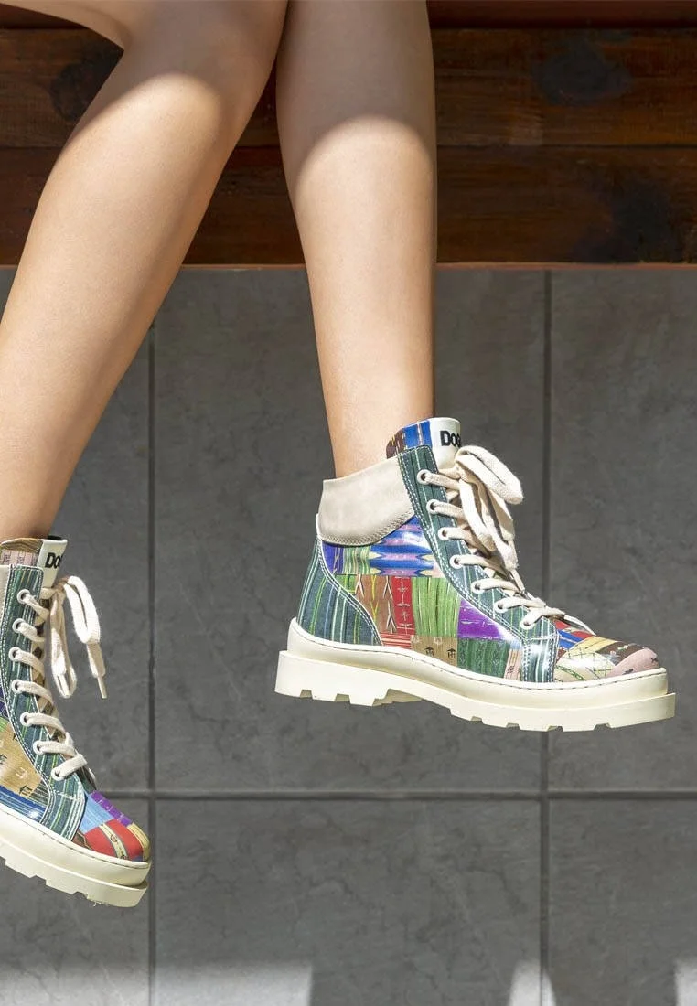 Femme Cuir Vegan Multicolore Bottines - Woodblock Patchwork Motif