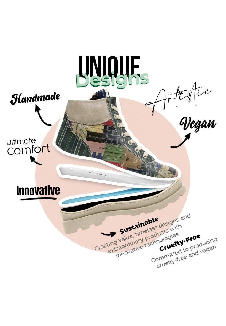 Femme Cuir Vegan Multicolore Bottines - Woodblock Patchwork Motif