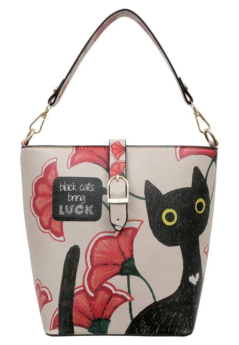 Femme Cuir Vegan Multicolore Sac à Main - Black Cats Bring Luck Motif