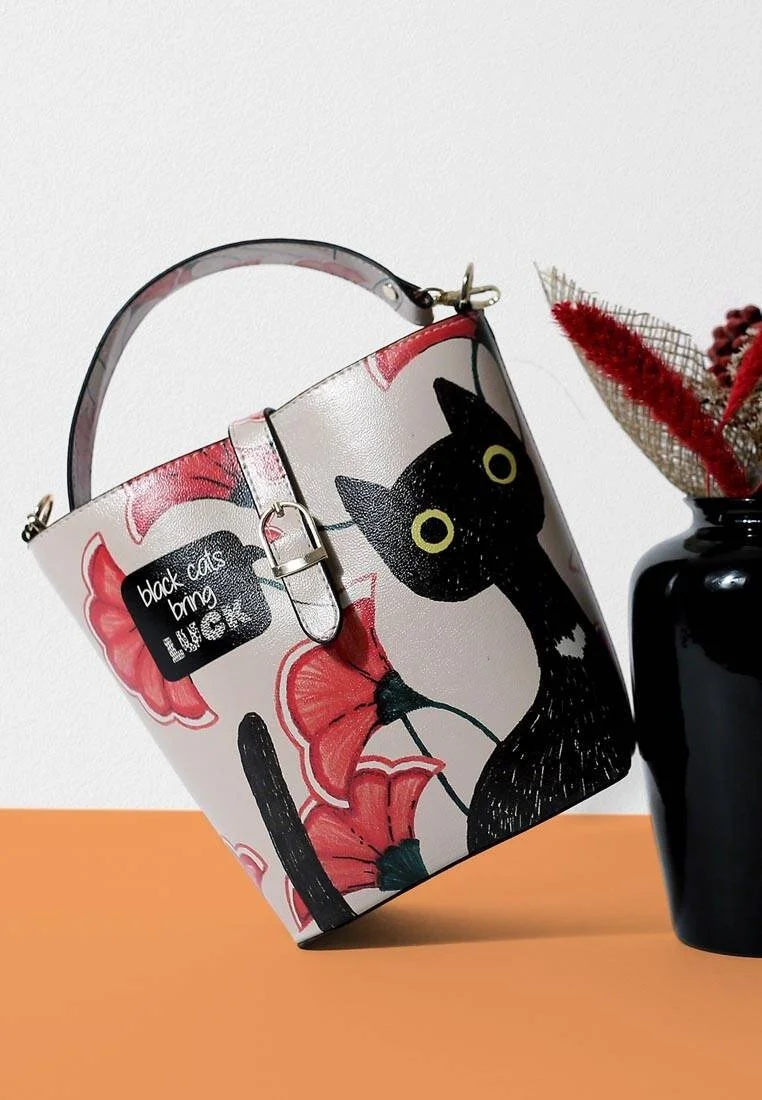 Femme Cuir Vegan Multicolore Sac à Main - Black Cats Bring Luck Motif