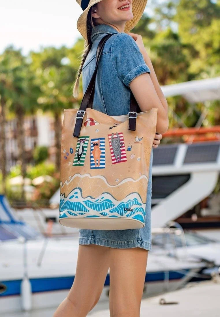Femme Cuir Vegan Multicolore Sac d'épaule - Cats on the Beach Motif